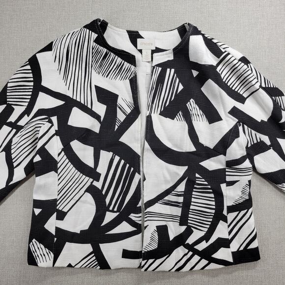 Chico's Womens Jacket Size 1 Black White Bi-Color Geometric Open Front Career - Picture 8 of 14